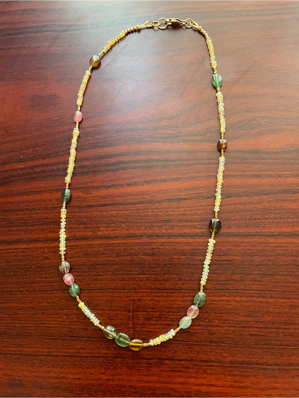 Handcrafted genuine Opal and Tourmaline necklace 17 inches.